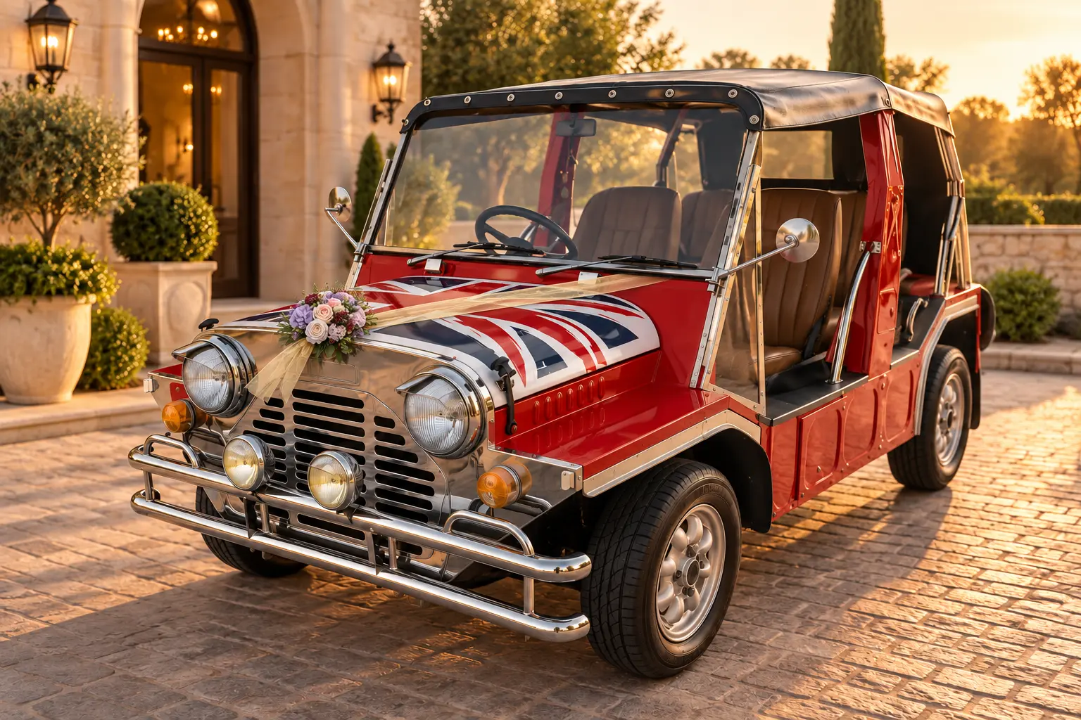 Decorated red Mini Moke representative visual