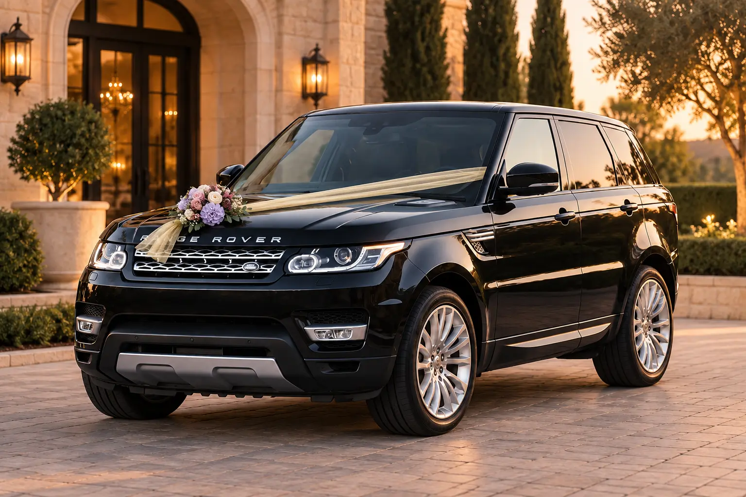 A decorated black Range Rover presented as a Celebration Car Rental by Amara concept