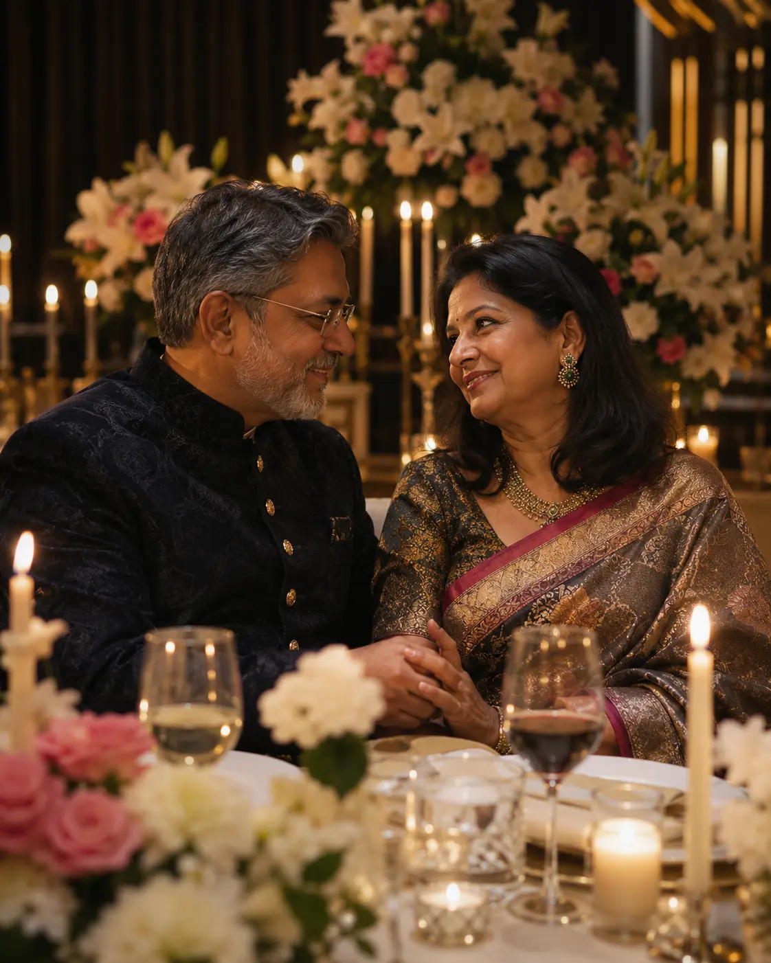 A mature Indian couple sharing a tender anniversary moment