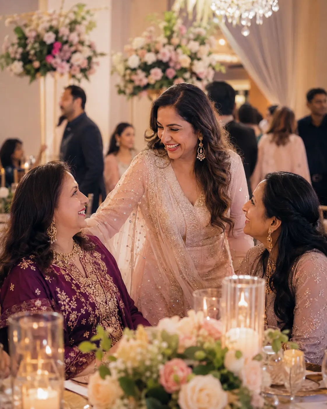 An Indian host enjoying a joyful family celebration while the details are calmly managed around her
